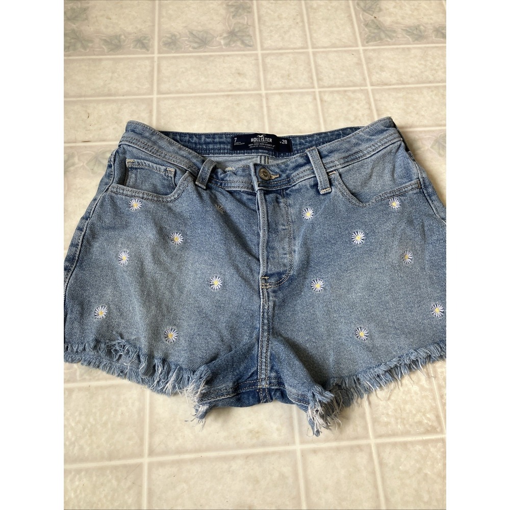 Hollister high rise mom daisy flower embroidered raw edge shorts denim sz 27